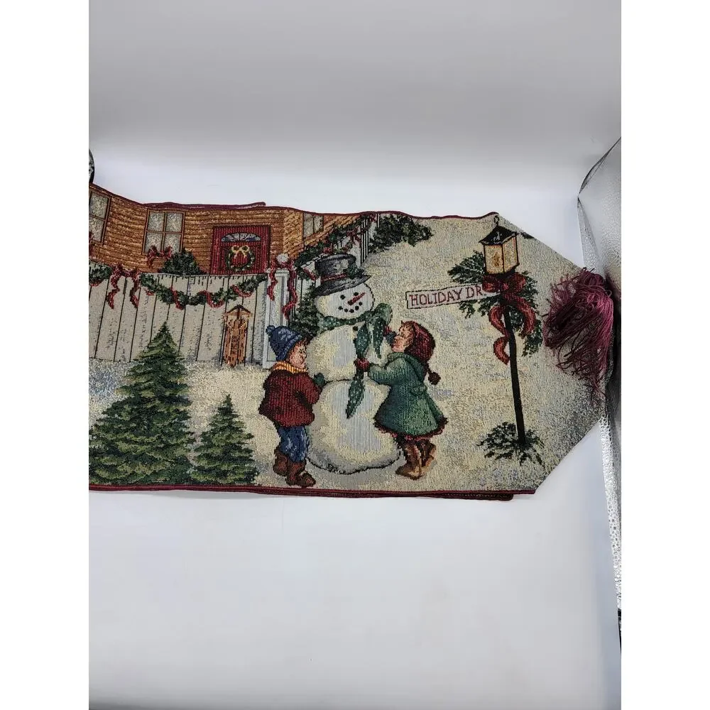 Vintage Christmas Holiday Snowman Table Runner with Tassels Size 72x13 Tapestry